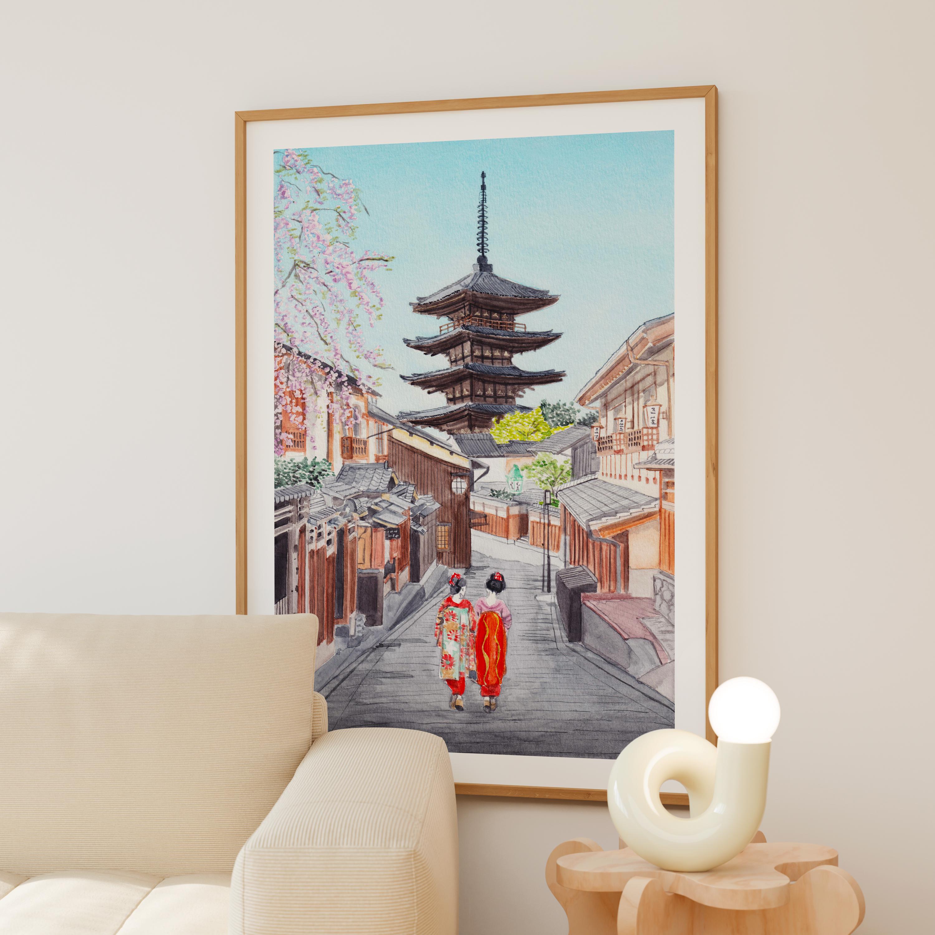 京都水彩画プリント、日本風ウォールアート、京都の街並み絵画、桜の