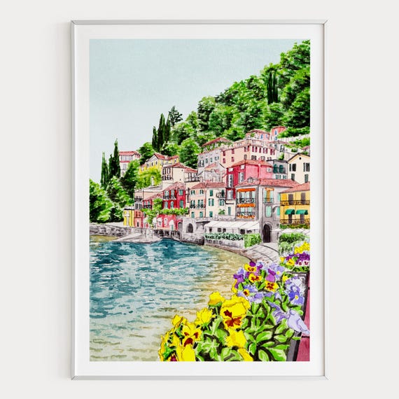Varenna Watercolor Print, Italy Wall Art, Lake Como Landscape Painting, Italian Decor, Digital Download