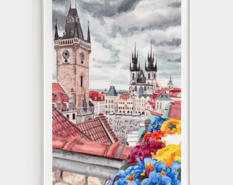 Prague Watercolor Print, Czech Republic Wall Art, Prague Cityscape Painting, Prague Decor