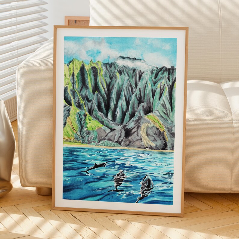 Na Pali Coast Watercolor Print, Hawaii Wall Art, Kauai Island, Hawaiian Coastal Beach House Decor, Digital Download | NorrskenArt image 4