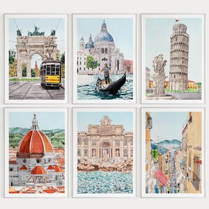 May include: A set of six watercolor paintings depicting iconic landmarks in Italy. The paintings feature the Trevi Fountain, the Leaning Tower of Pisa, the Duomo, the Pantheon, the Arch of Constantine, and a gondola in Venice.