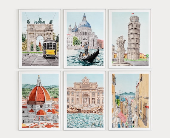 Italy Wall Art Set of 6: Watercolor Prints, Italian Cityscape Paintings, European Decor, Travel Gift, Digital Download | NorrskenArt