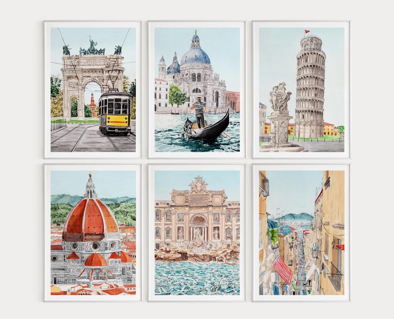 May include: A set of six watercolor paintings depicting iconic landmarks in Italy. The paintings feature the Trevi Fountain, the Leaning Tower of Pisa, the Duomo, the Pantheon, the Arch of Constantine, and a gondola in Venice.