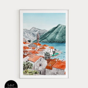 Impresión de Perast, Arte de la pared de Montenegro, Impresión de acuarela, Pintura de Perast, Paisaje de Montenegro, Impresión de arte de Perast, Impresión de Europa, Regalo de viaje