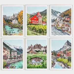Alpine Set of 6 Watercolor Prints, Alps Wall Art, Alpine Gallery Wall Set, Alpine Landscape, Alpine Art, Travel Gift