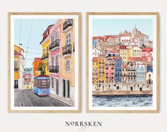 Portugal Watercolor Prints Set, Lisbon and Porto Paintings, Eclectic Wall Art, Coastal Mediterranean Decor, Digital Download | NorrskenArt