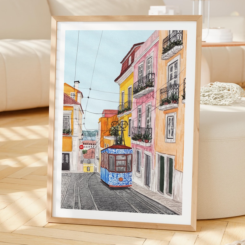 Lisbon Print, Portugal Wall Art, Lisbon Watercolor Cityscape, Portuguese Mediterranean Decor, Travel Gift image 2
