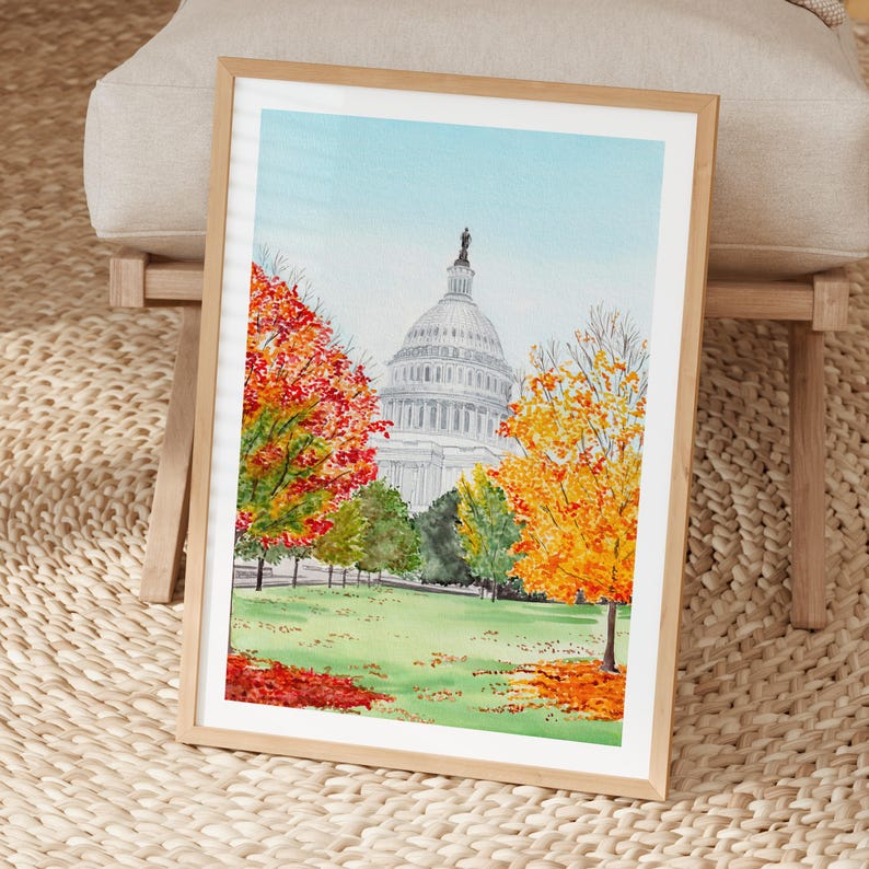 Washington DC Watercolor Print, US Capitol Wall Art, Washington DC Autumn Cityscape, Travel Gift image 5