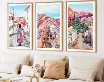 Andes Wall Art Set of 3: Jujuy, Vinicunca, and Sucre Watercolor Prints, Andes Mountains Landscape, NorrskenArt