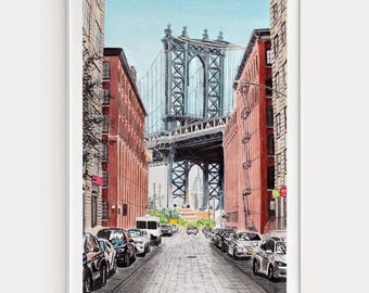 マンハッタンの水彩画、ニューヨークのウォールアート、ニューヨークの風景画、ニューヨーク旅行ギフト