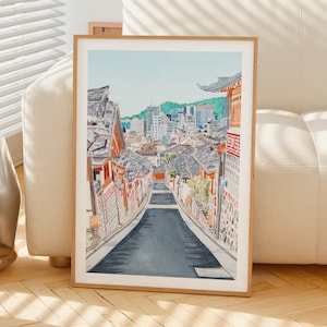 Akwarela Bukchon Hanok, sztuka ścienna z Korei Południowej, pejzaż miejski w Seulu, wystrój z Korei Południowej zdjęcie 5