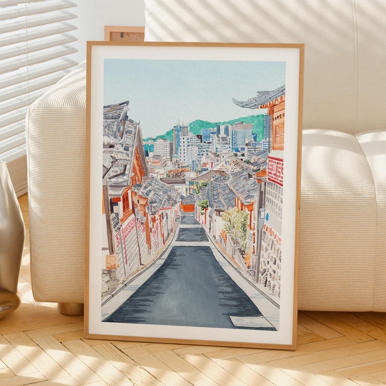 Akwarela Bukchon Hanok, sztuka ścienna z Korei Południowej, pejzaż miejski w Seulu, wystrój z Korei Południowej zdjęcie 5