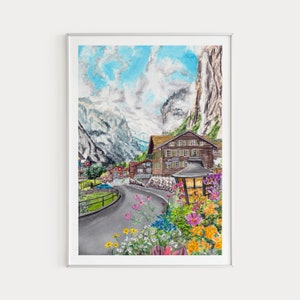 Impression Lauterbrunnen, art mural Suisse, impression d'art Suisse, impression Suisse, paysage urbain de Lauterbrunnen, impression d'art suisse, cadeau de voyage