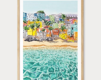 Acuarela de La Perla, impresión de San Juan, arte mural de Puerto Rico, decoración tropical caribeña
