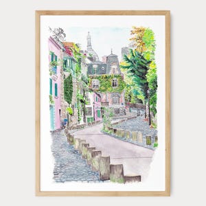 Montmartre Rue de l’Abreuvoir Aquarell Druck, Paris Wandkunst, Französische Dekoration, Paris Stadtansicht Gemälde
