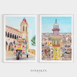 Conjunto de 2 láminas artísticas de Pakistán, acuarela, impresión de Karachi, decoración de Pakistán, arte de la mezquita de Wazir Khan, arte mural de galería, arte de viajes