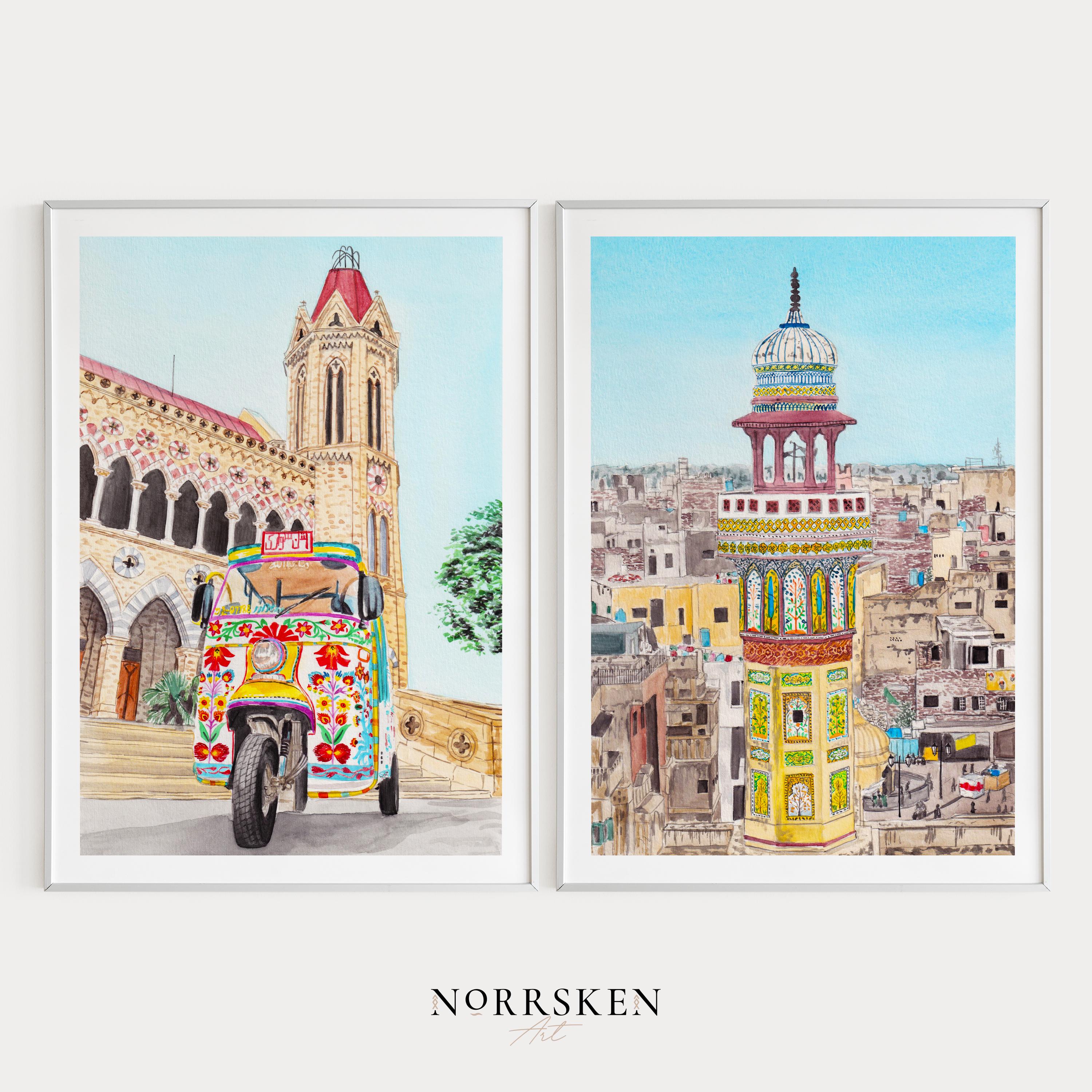 Set di 2 stampe artistiche del Pakistan, pittura ad acquerello, stampa di Karachi, arredamento del Pakistan, arte della moschea di Wazir Khan, arte murale della galleria, arte di viaggio