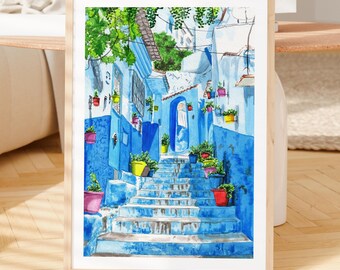 シェフシャウエンの水彩画、モロッコの壁画、シェフシャウエンの街並み