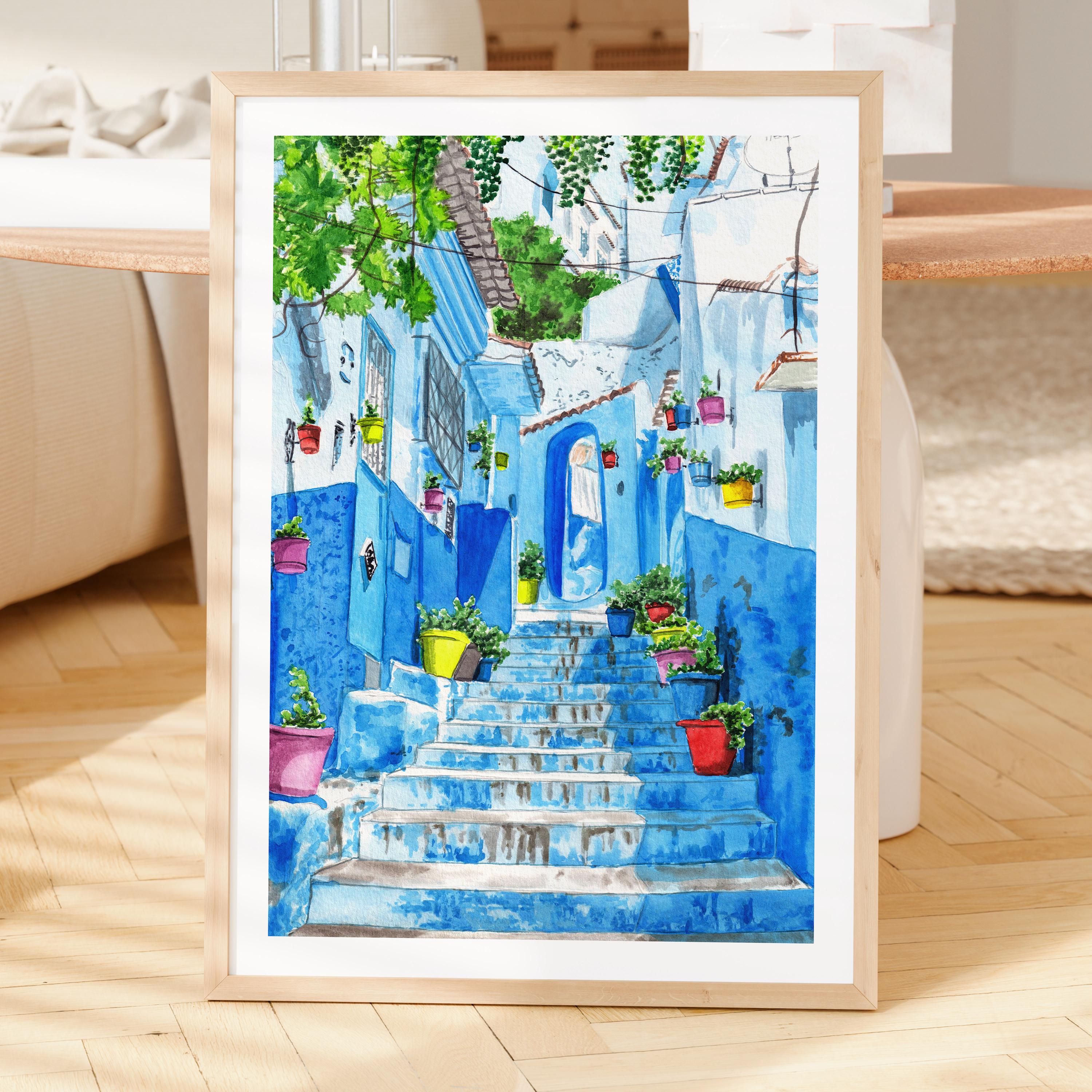 シェフシャウエンの水彩画、モロッコの壁画、シェフシャウエンの街並み