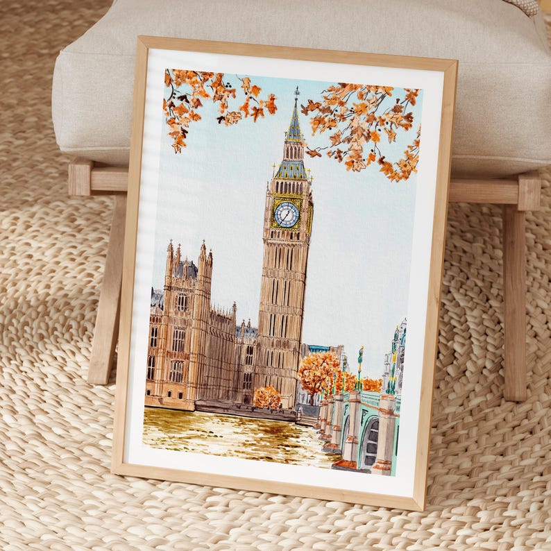 Big Ben-aquarelprint, kunst aan de muur VK, stadsgezicht Londen herfst, decor Engeland, vintage afdrukbare muurkunst, reiscadeau afbeelding 2