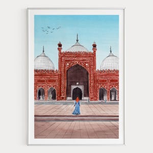 Impresión de acuarela de Lahore, arte mural de Pakistán, pintura del paisaje urbano de la mezquita Badshahi de Lahore, decoración pakistaní