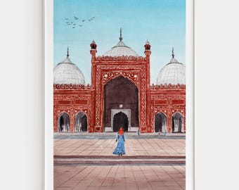 Lahore Watercolor Print, Pakistan Wall Art, Badshahi Mosque Lahore Cityscape Painting, Pakistani Decor