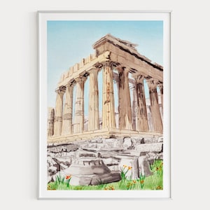 Parthenon Watercolor Print, Greece Wall Art, Athens Landscape Painting, Greek Decor, Travel Gift