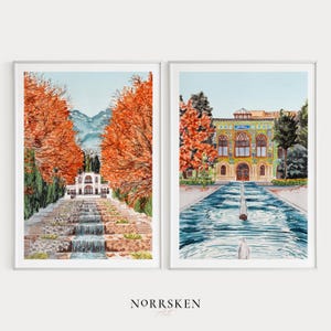 Iran Set of 2, Iran Wall Art, Watercolor Painting, Iran Decor, Mahan Landscape, Tehran Cityscape, Iran Print, Middle East Art, Travel Gift