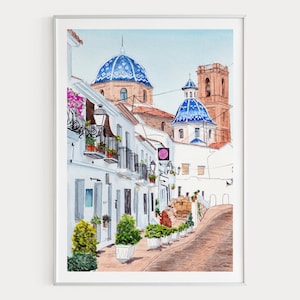Altea Watercolor Print, Spain Wall Art, Alicante Cityscape Painting, Mediterranean Decor image 1