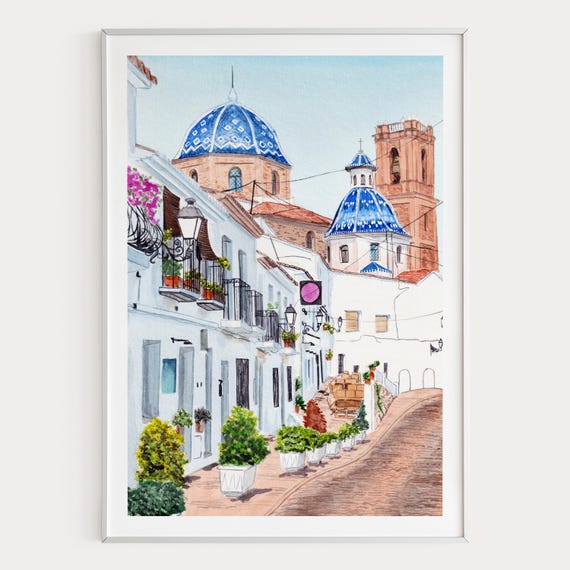 Altea Watercolor Print, Spain Wall Art, Alicante Cityscape Painting, Mediterranean Decor