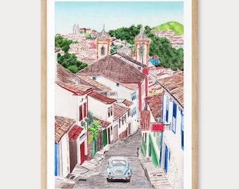 Minas Gerais Watercolor Print, Brazil Wall Art, Ouro Preto Cityscape Painting, Brazilian Home Decor