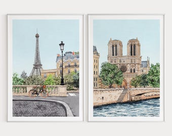 Paris Watercolor Prints Set: Paris Cityscape Paintings, Eiffel Tower & Notre Dame, French Wall Art, Parisian Decor
