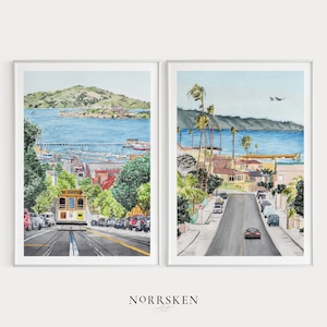 Set di 2 stampe ad acquerello della California, arte murale della California, stampa artistica di San Diego, paesaggio urbano di San Francisco, stampe artistiche della California, regalo da viaggio