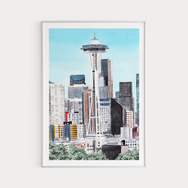 Seattle Print, Washington Wall Art, Watercolor Painting, Seattle Cityscape, Seattle Art, Seattle Painting, USA Print, Travel Gift