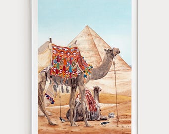 Egyptian Pyramids Watercolor Print, Cairo Wall Art, Egypt Landscape Painting, Boho Desert Nursery Decor, Digital Download | NorrskenArt