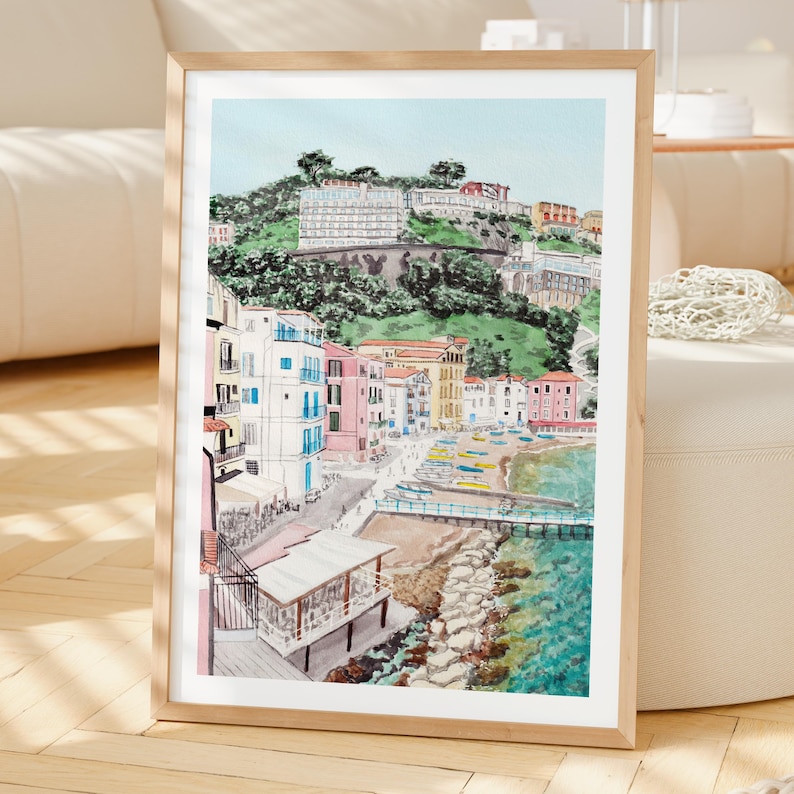 Sorrento Print, Amalfi Coast Wall Art, Sorrento Watercolor Landscape, Italian Coastal Decor, Italy Travel Gift image 2