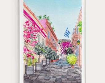 Plaka Athens Watercolor Print, Greece Wall Art, Athens Cityscape Painting, Greek Home Decor