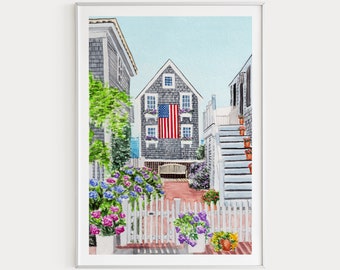 Cape Cod Print, Massachusetts Wall Art, Watercolor Painting, United States, Cape Cod Cityscape, Patriotic Print, USA Art Print, Travel Gift