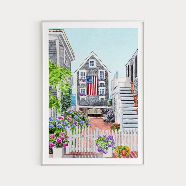 Cape Cod Print, Massachusetts Wall Art, Watercolor Painting, United States, Cape Cod Cityscape, Patriotic Print, USA Art Print, Travel Gift