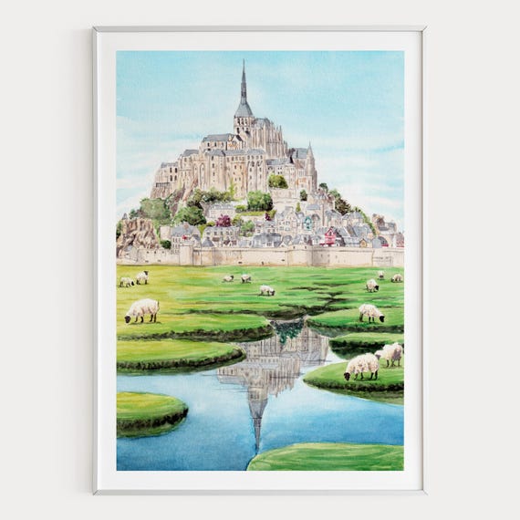 Mont Saint Michel Watercolor Print, Normandy France Wall Art, French Decor