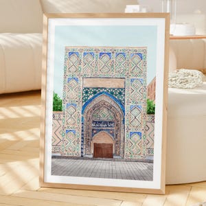 Stampa ad acquerello di Samarcanda, arte murale dell'Uzbekistan, dipinto di paesaggio urbano di Samarcanda, regalo da viaggio immagine 2