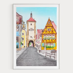 Stampa di Rothenburg ob der Tauber, arte murale tedesca, dipinto ad acquerello di paesaggio urbano di Rothenburg, arredamento di un villaggio tedesco