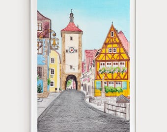 Rothenburg ob der Tauber Print, Germany Wall Art, Rothenburg Watercolor Cityscape Painting, German Village Decor