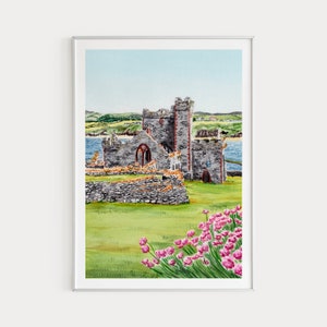 Peel Castle Print Isle of Man Watercolor Painting Printable Art Europe Print Travel Art Pink Flowers Wall Art Housewarming Gift