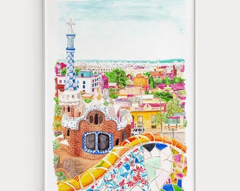 Park Guell Watercolor Print, Spain Wall Art, Barcelona Cityscape Painting, Spanish Decor