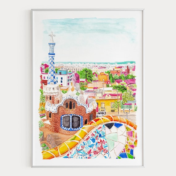 Park Guell Watercolor Print, Spain Wall Art, Barcelona Cityscape Painting, Spanish Decor