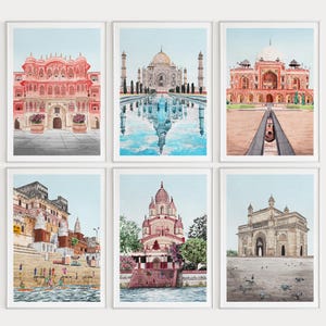 India Gallery Wall Set of 6, Watercolor Art, India Wall Art, India Art Prints, India Cityscapes, Travel Gift, India Wall Decor