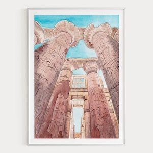 Karnak Temple Watercolor Print, Egypt Wall Art, Luxor Cityscape Painting, Egyptian Decor, North Africa Travel Gift