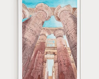Karnak Temple Watercolor Print, Egypt Wall Art, Luxor Cityscape Painting, Egyptian Decor, North Africa Travel Gift