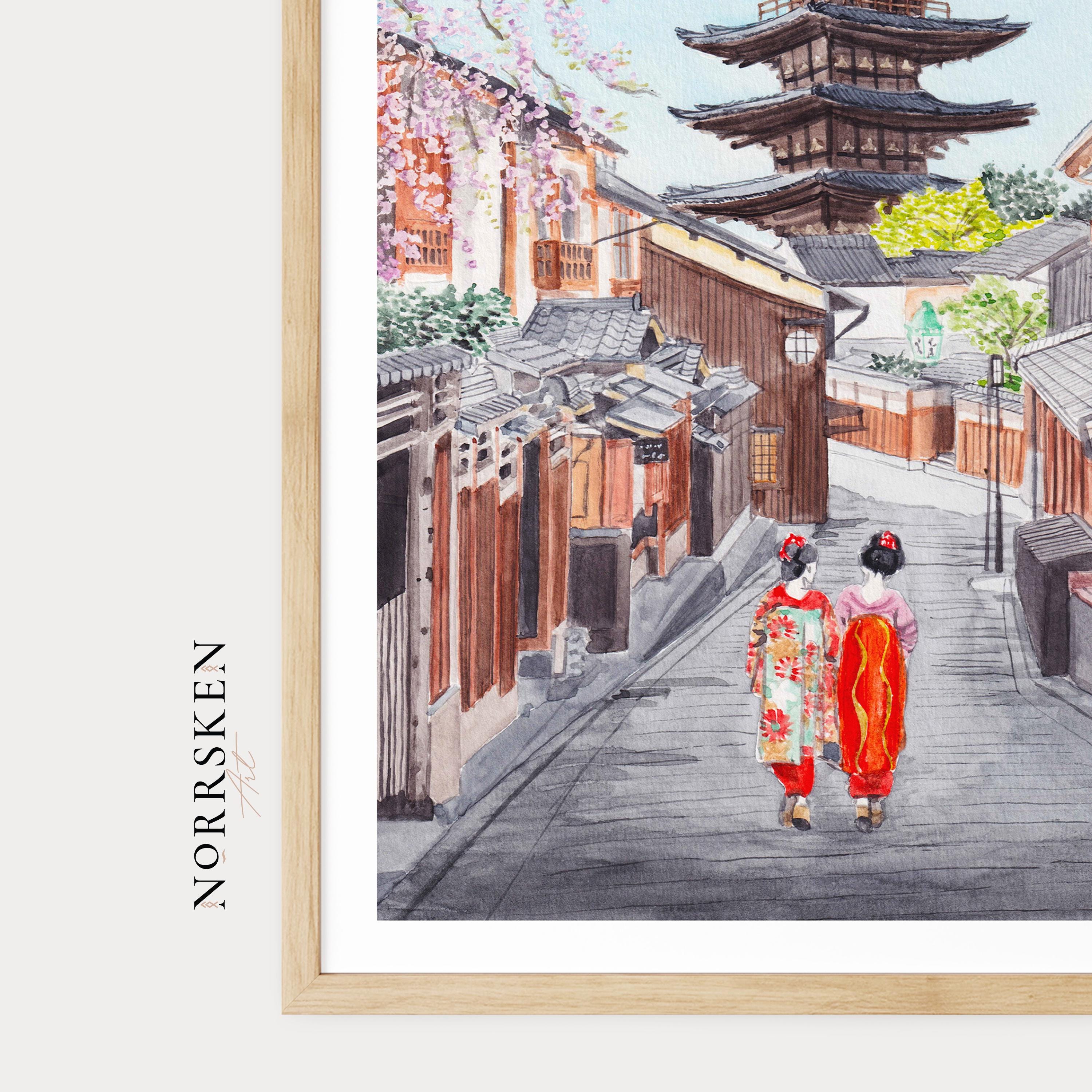 京都水彩画プリント、日本風ウォールアート、京都の街並み絵画、桜の